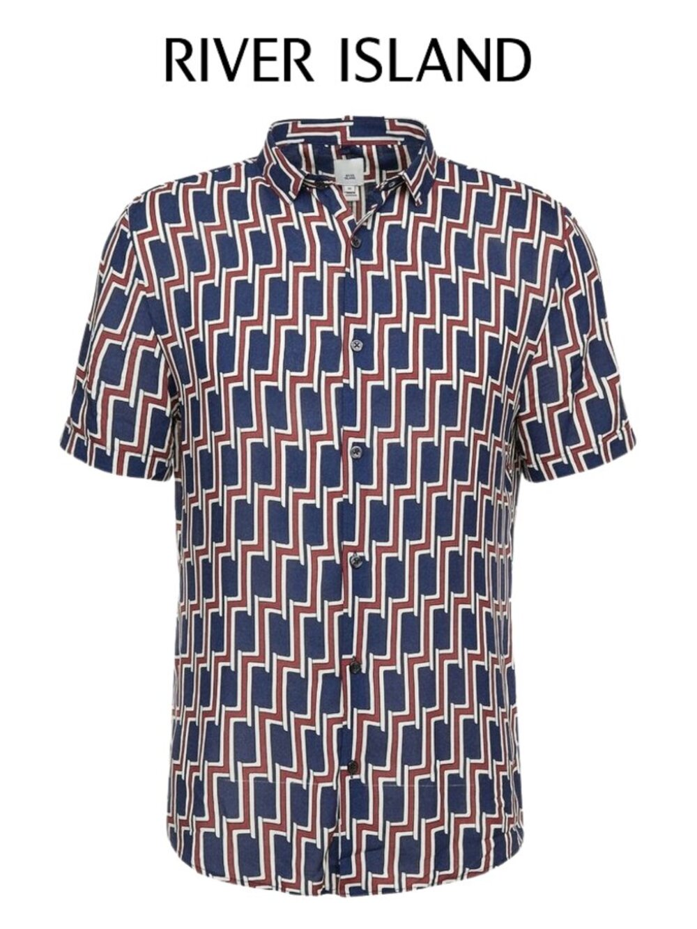 River Island Geometric Print Short Sleeve Button Up Shirt Size M